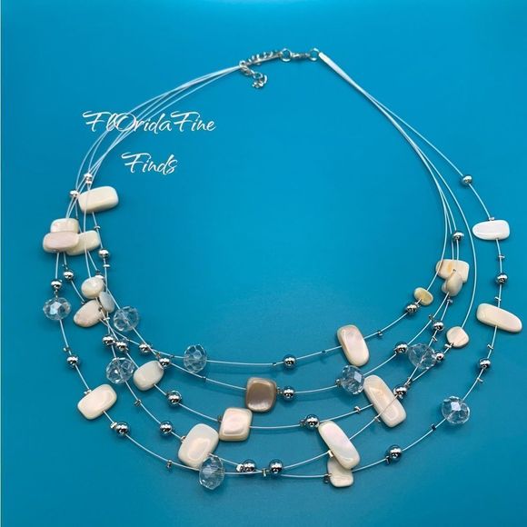 Boho layered wire shell bead rhinestone necklace - Picture 3 of 10